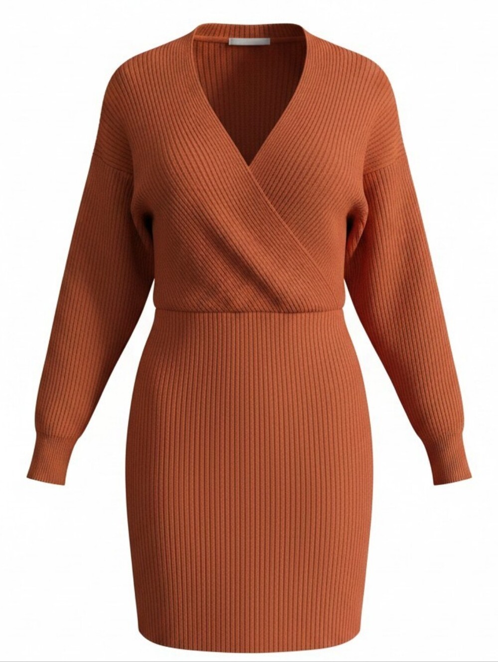 Rust Terracotta Ribbed Knit Sweater Dress Size L Stretchy V-Neck